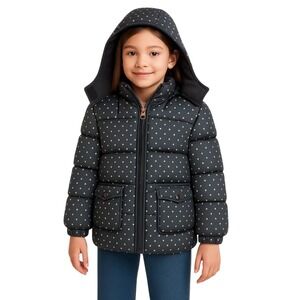 Pink Platinum Puffer Coat Girls 14/16 Black Gold Metallic Foil Hooded Winter